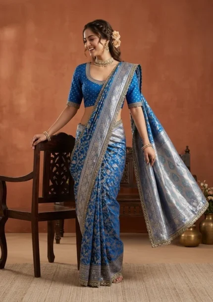 Royal Blue Silk Jaal Sequins Saree With Matching Blouse Piece