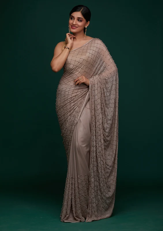Mauve Satin Pearlwork Saree With Matching Blouse Piece