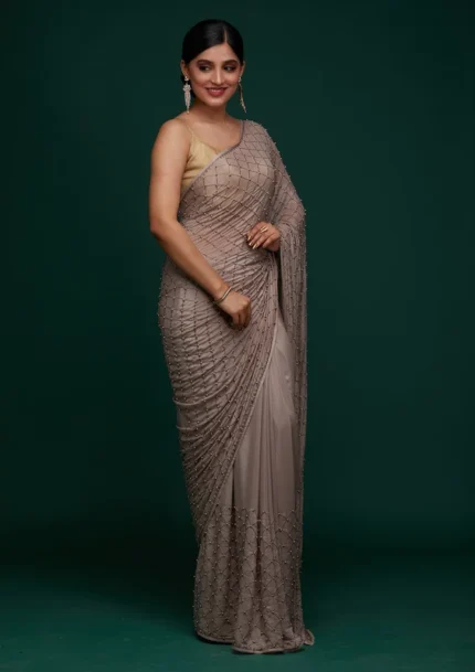Mauve Satin Pearlwork Saree With Matching Blouse Piece
