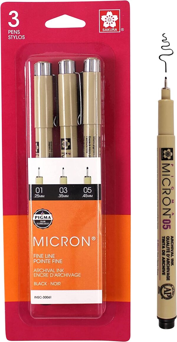 Sakura 30061 3-Piece Pigma Micron Blister Card Ink Pen Set, Black