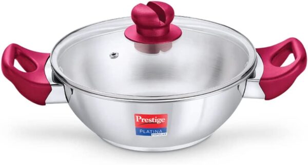 Prestige Platina Popular Stainless Steel Gas and Induction Compatible Kadai with Glass Lid, 260 mm