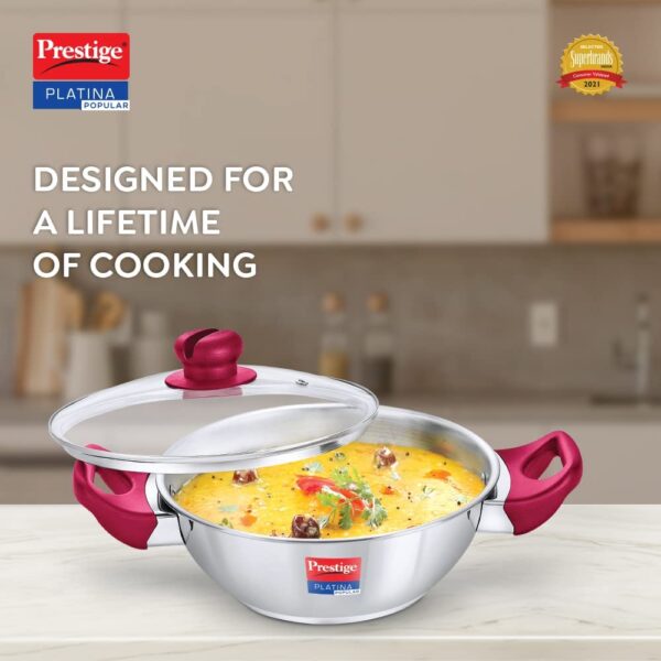 Prestige Platina Popular Stainless Steel Gas and Induction Compatible Kadai with Glass Lid, 260 mm - Image 2