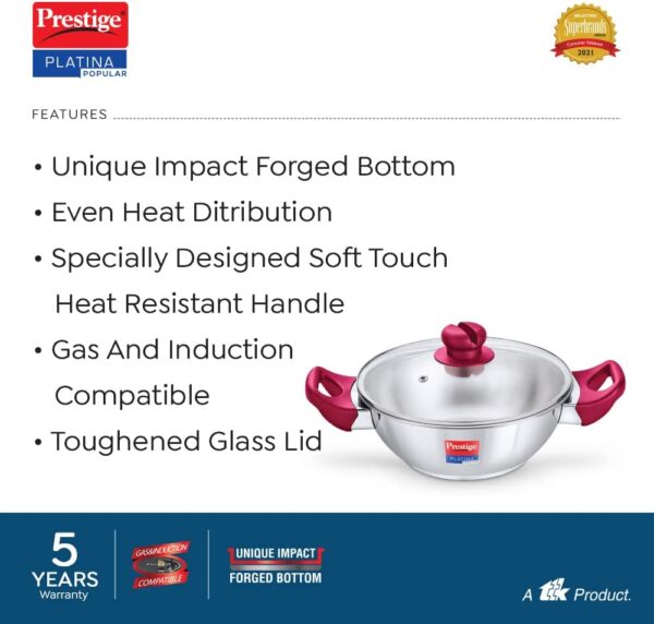 Prestige Platina Popular Stainless Steel Gas and Induction Compatible Kadai with Glass Lid, 260 mm - Image 3