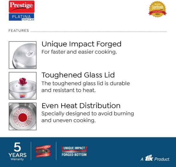 Prestige Platina Popular Stainless Steel Gas and Induction Compatible Kadai with Glass Lid, 260 mm - Image 4