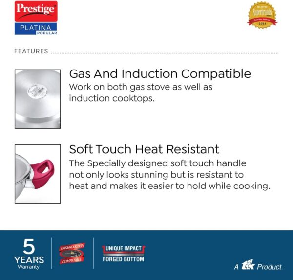 Prestige Platina Popular Stainless Steel Gas and Induction Compatible Kadai with Glass Lid, 260 mm - Image 5