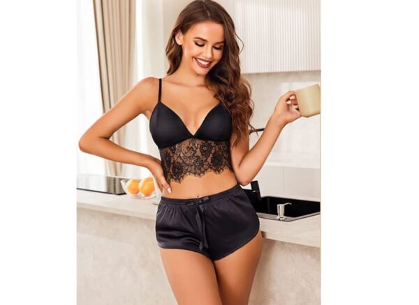 Accessorize Kingdom Women's Net & Satin Solid Above Knee Pajama PJ Set | Babydoll | Night Suit for Honeymoon (Free Size, Black) - Image 3