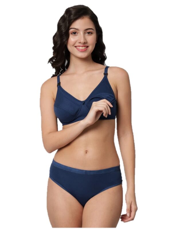 Accessorize Kingdom Women Cotton 2 Piece Maternity Nursing Bra and Panties Lingerie Set | Everyday Maternity Bra for Women Feeding Combo Pack (C, Navy Blue, 34)