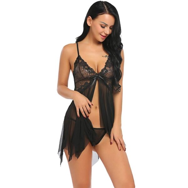 Accessorize Kingdom Women's Honeymoon Dress Lace Lingerie Set V Neck Sheer Asymmetrical Babydoll With G-String Above The Knee Night Suit (Black) Free Size - Image 3