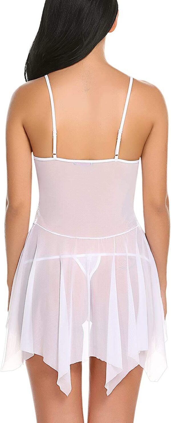 Accessorize Kingdom Women's Sexy Lace Lingerie Set V Neck Sheer Asymmetrical Babydoll with G-String Night Suit (MF_217) (Free Size, White) - Image 2