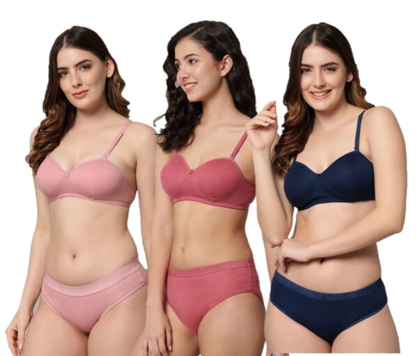 Accessorize Kingdom Women Cotton 2 Piece Bra and Panties Lingerie Set for Honeymoon | Anniversary | Everyday Bra Panty Combo (30, Navy+Brown+Pink)