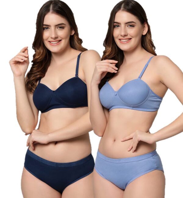 Accessorize Kingdom Women Cotton 2 Piece Bra and Panties Lingerie Set for Honeymoon | Anniversary | Everyday Bra Panty Combo (34, Light Blue + Navy Blue)