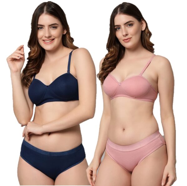 Accessorize Kingdom Women Cotton 2 Piece Bra and Panties Lingerie Set for Honeymoon | Anniversary | Everyday Bra Panty Combo (40, Pink + Navy Blue)