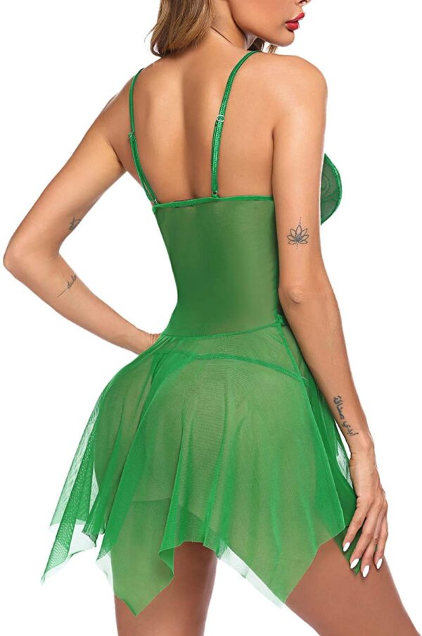 Accessorize Kingdom Women's Sexy Lace Lingerie Set V Neck Sheer Asymmetrical Babydoll with G-String Night Suit (MF_217) (Free Size, Green) - Image 3