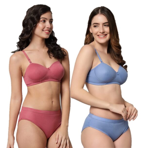 Accessorize Kingdom Women Cotton 2 Piece Bra and Panties Lingerie Set for Honeymoon | Anniversary | Everyday Bra Panty Combo (40, Light Blue + Brown)