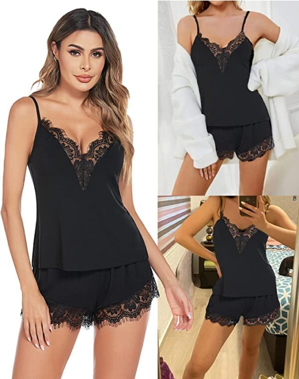 Accessorize Kingdom Women's Net & Satin Solid Above Knee Pajama PJ Set | Babydoll | Night Suit for Honeymoon (374) (Free Size, Black) - Image 4