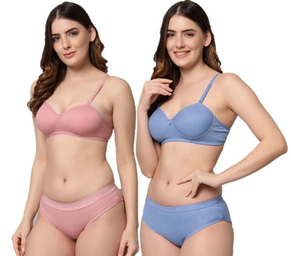 Accessorize Kingdom Women Cotton 2 Piece Bra and Panties Lingerie Set for Honeymoon | Anniversary | Everyday Bra Panty Combo (34, Light Blue + Pink)