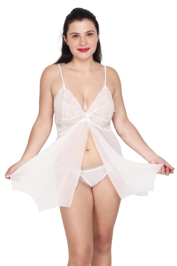 Accessorize Kingdom Women's Honeymoon Dress Lace Lingerie Set V Neck Sheer Asymmetrical Babydoll with G-String Night Suit (White) - Image 4