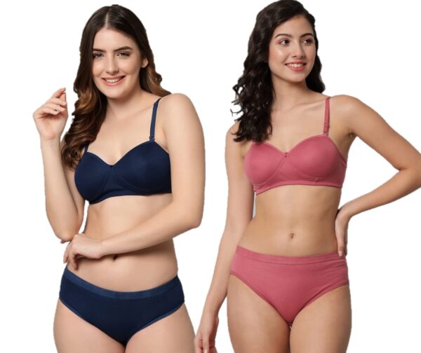 Accessorize Kingdom Women Cotton 2 Piece Bra and Panties Lingerie Set for Honeymoon | Anniversary | Everyday Bra Panty Combo (32, Navy Blue + Brown)