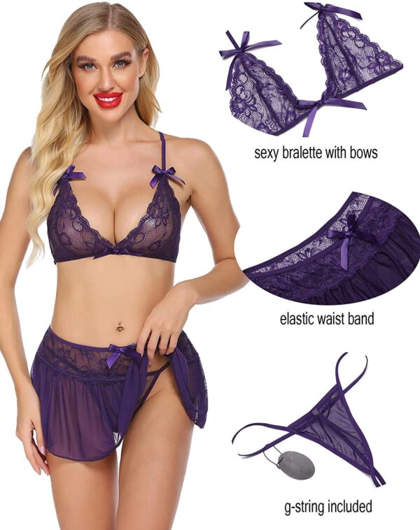 Accessorize Kingdom Women's Brasso & Net Blended Above Knee Babydoll Lingerie Set with Panty (131) (Free Size, Purple) - Image 2