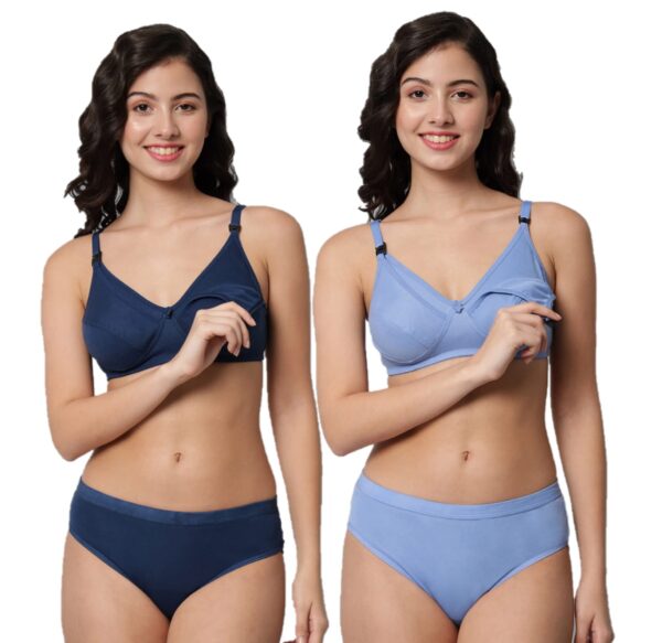 Accessorize Kingdom Women Cotton 2 Piece Maternity Nursing Bra and Panties Lingerie Set | Everyday Maternity Bra for Women Feeding Combo Pack (C, Navy & Light Blue, 40)