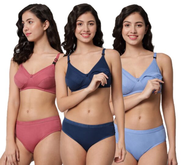 Accessorize Kingdom Women Cotton 2 Piece Maternity Nursing Bra and Panties Lingerie Set | Everyday Maternity Bra for Women Feeding Combo Pack (C, Pack of 3, 34)