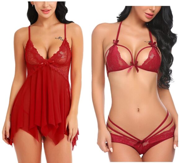 Accessorize Kingdom Women Babydoll Lingerie Set for Honeymoon for Woman Thongs | Sexy Night Dress Above Knee Baby Doll Night Dress | Pack of 2 Set. (Free Size, Wine Red)