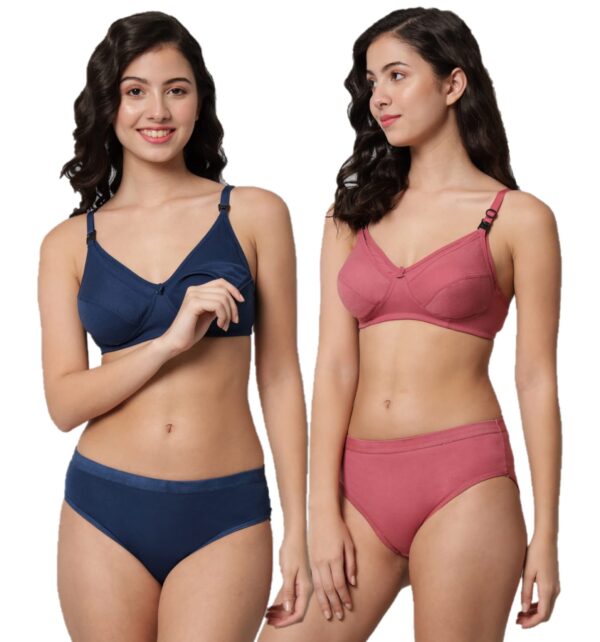 Accessorize Kingdom Women Cotton 2 Piece Maternity Nursing Bra and Panties Lingerie Set | Everyday Maternity Bra for Women Feeding Combo Pack (C, Brown+Navy Blue, 38)