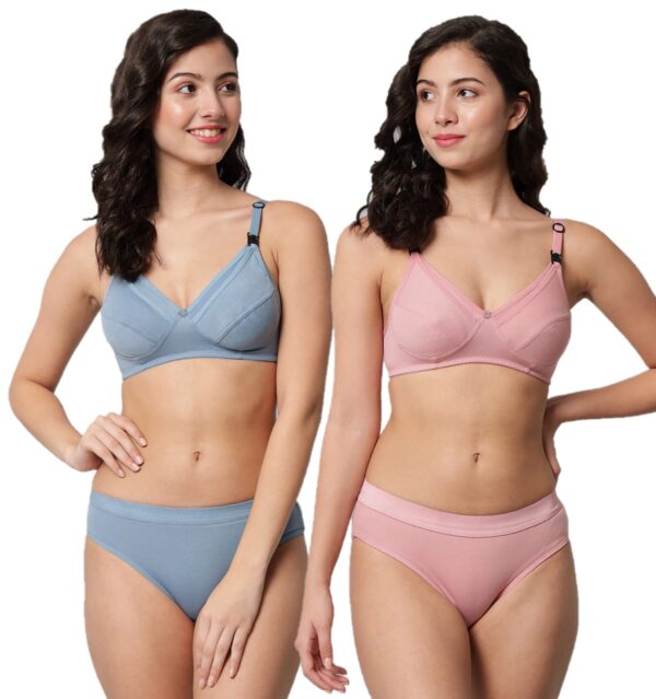 Accessorize Kingdom Women Cotton 2 Piece Maternity Nursing Bra and Panties Lingerie Set | Everyday Maternity Bra for Women Feeding Combo (B, Blue + Pink, 38)