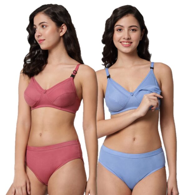 Accessorize Kingdom Women Cotton 2 Piece Maternity Nursing Bra and Panties Lingerie Set | Everyday Maternity Bra for Women Feeding Combo Pack (C, Brown+Light Blue, 36)