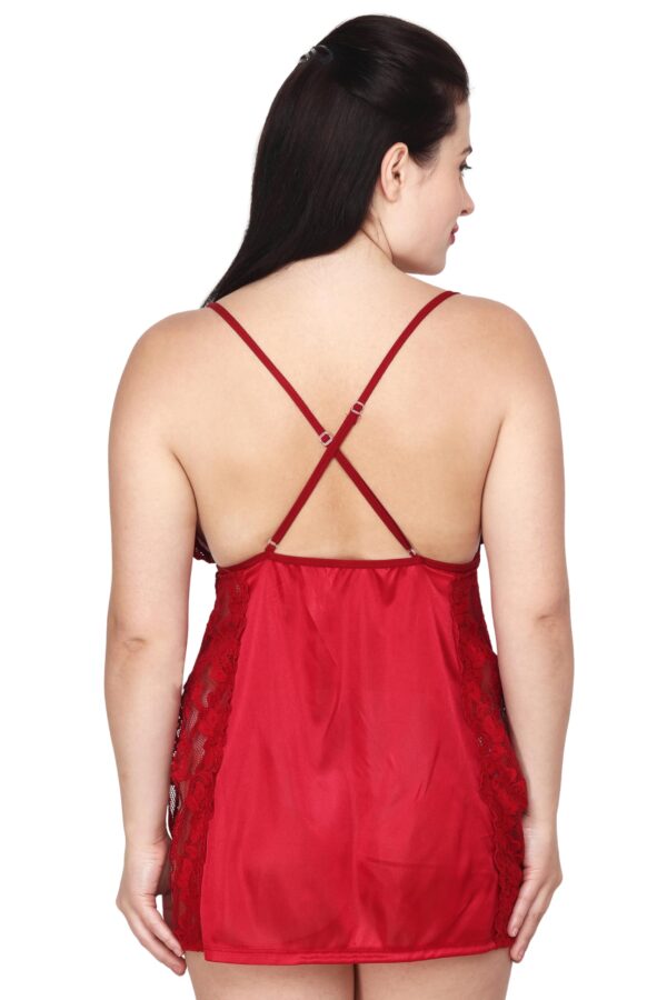 Accessorize Kingdom Women's Sexy Lace Lingerie Set V Neck Sheer Babydoll with G-String Night Suit (Wine Red) - Image 2