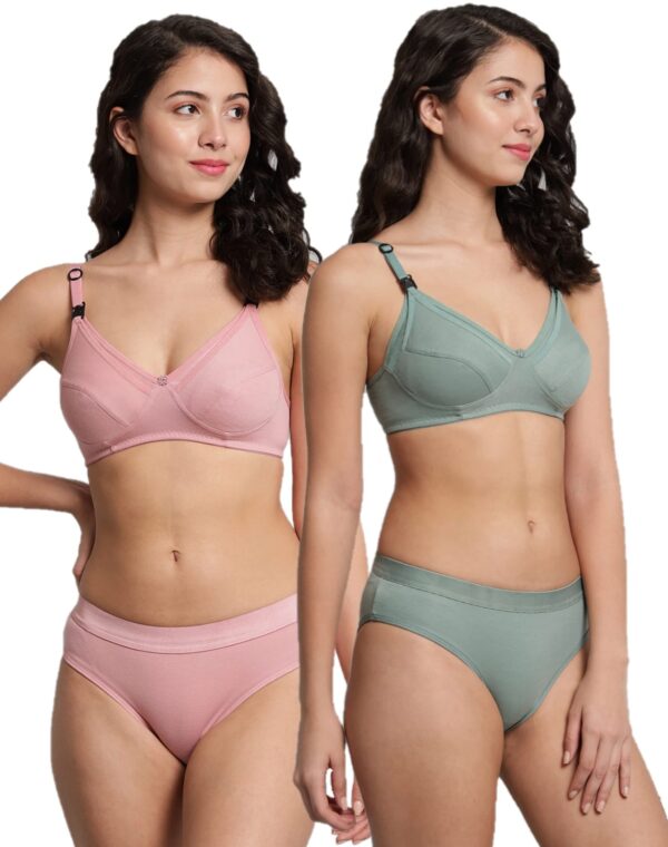 Accessorize Kingdom Women Cotton 2 Piece Maternity Nursing Bra and Panties Lingerie Set | Everyday Maternity Bra for Women Feeding Combo (B, Green + Pink, 40)