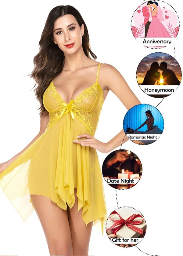 Accessorize Kingdom Women's Brasso & Net Solid Midi Babydoll with G-String (Free Size, Yellow) - Image 4
