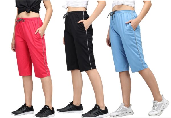 Accessorize Kingdom Women's Super Combed Cotton Elastane Stretch Slim Fit Capri Pants Shorts Sleep & Lounge Wear with Pocket (XL, Pack of 3)