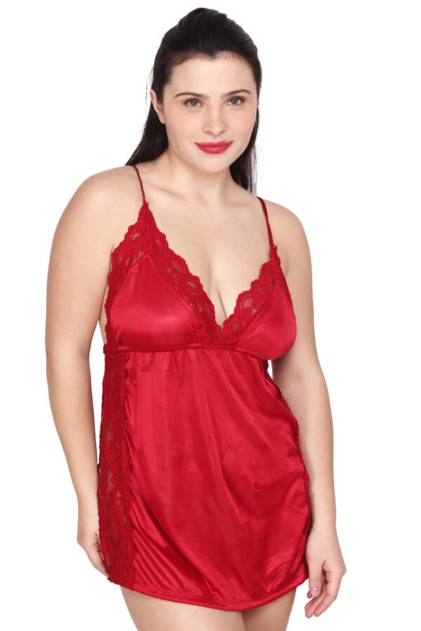 Accessorize Kingdom Women's Sexy Lace Lingerie Set V Neck Sheer Babydoll with G-String Night Suit (Wine Red)