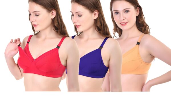 Accessorize Kingdom Women Cotton Everyday Maternity Bra for Nursing Feeding Cup::C (C, Pack of 3 (Blue-Red-Cream), 42)