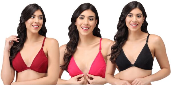 Accessorize Kingdom Women's Cotton Non-Padded Wire Free Regular T-Shirt Bra (Black, Maroon & Rose Red, Pack of 3, B, 38)