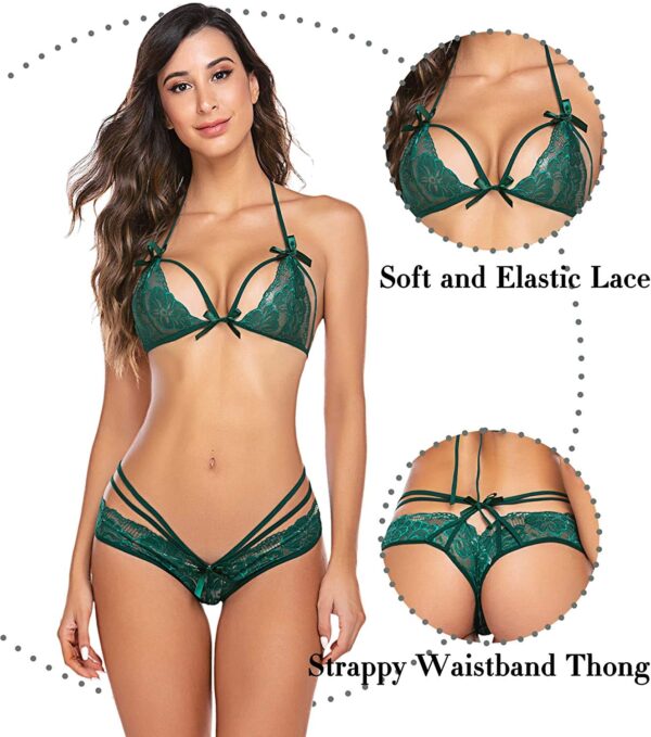 Accessorize Kingdom Lingerie Lace Babydoll 2 Piece Sexy Brasso & Net Blended Bra and Panty Sets (Dark Green) - Image 4