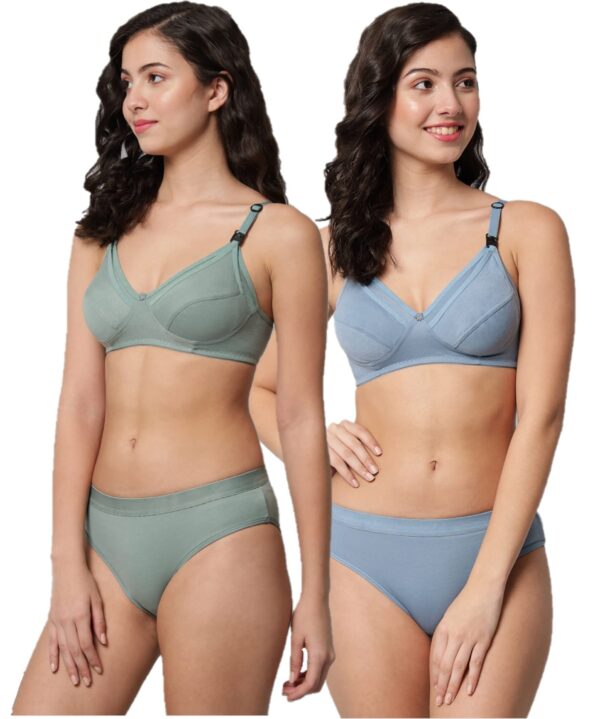 Accessorize Kingdom Women Cotton 2 Piece Maternity Nursing Bra and Panties Lingerie Set | Everyday Maternity Bra for Women Feeding Combo (B, Green + Blue, 32)