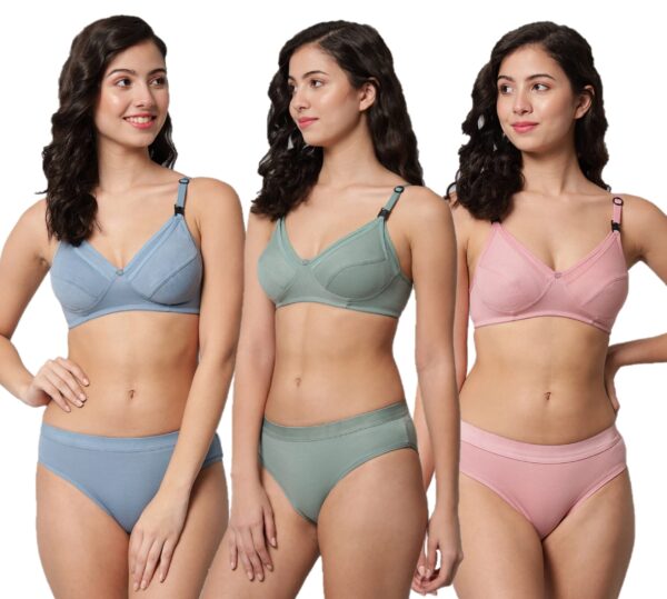 Accessorize Kingdom Women Cotton 2 Piece Maternity Nursing Bra and Panties Lingerie Set | Everyday Maternity Bra for Women Feeding Combo (B, Pack of 3, 40)
