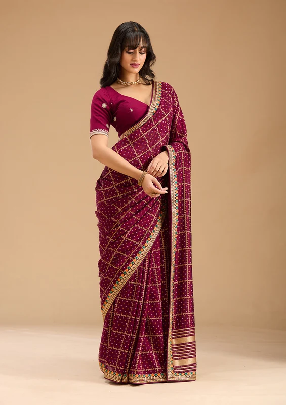 Wine Soft Raw Silk Bandhej Gold Zariwork Saree With Matching Blouse Piece