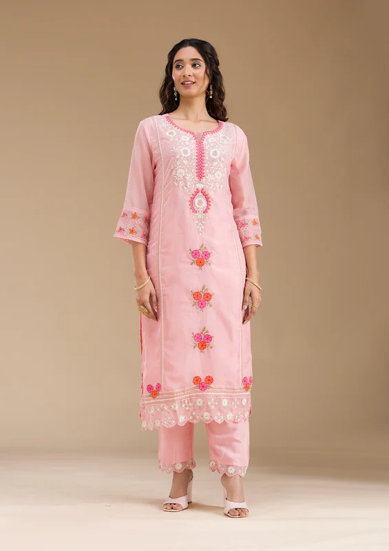 Baby Pink Organza Threadwork Straight Kurta With Pant Regular And Dupatta