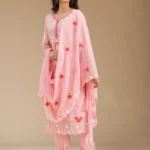 Baby Pink Organza Threadwork Straight Kurta With Pant Regular And Dupatta