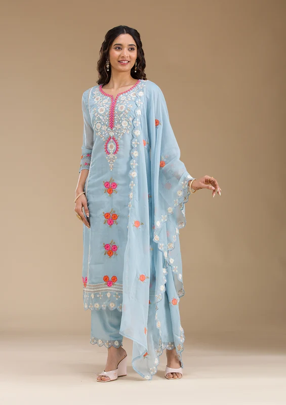 Blue Organza Threadwork Straight Kurta With Pant Regular And Dupatta (Copy)