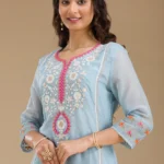 Blue Organza Threadwork Straight Kurta With Pant Regular And Dupatta (Copy)